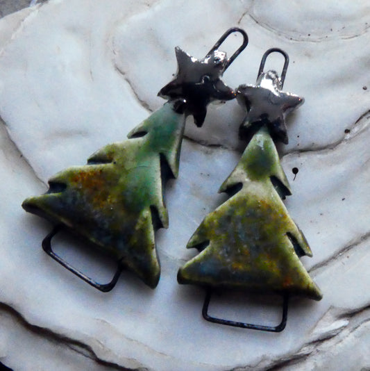 Ceramic Christmas Tree and Star Earring Connectors -Dark Jade