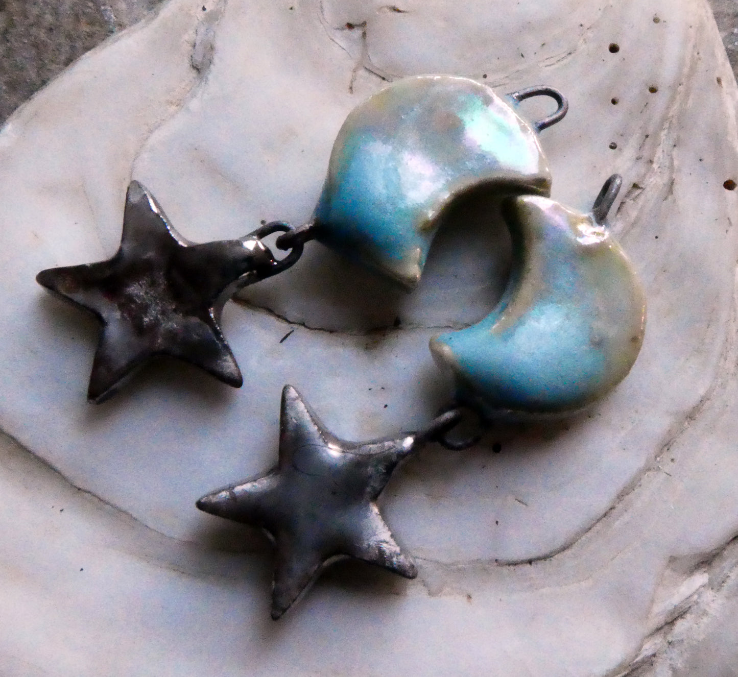Ceramic Moon and Star Earring Dangles- Blue Ice