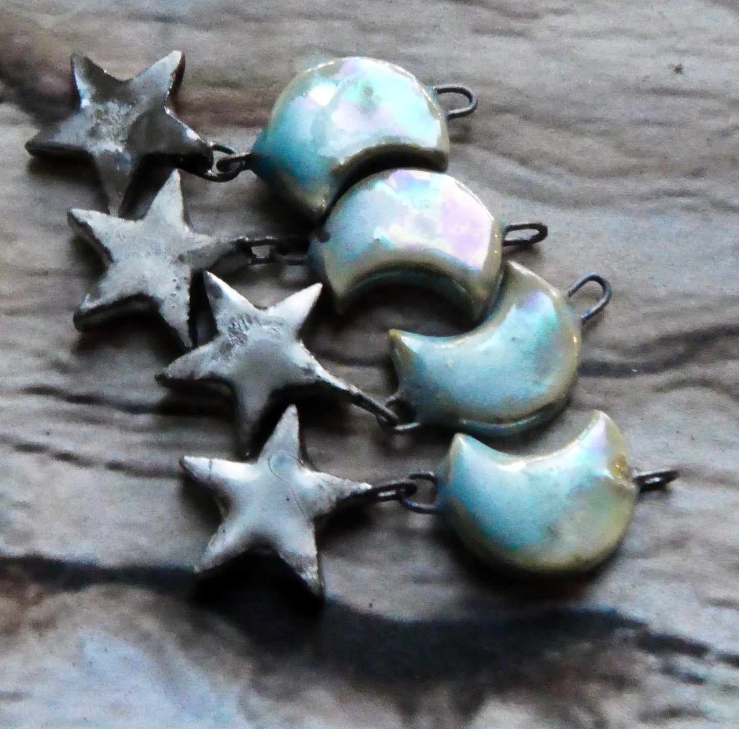 Ceramic Moon and Star Earring Dangles- Blue Ice