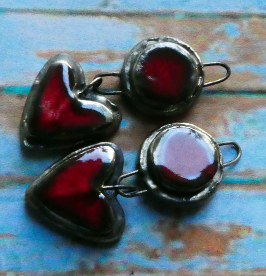 Ceramic Moulded Disc and Heart Dangles - Red