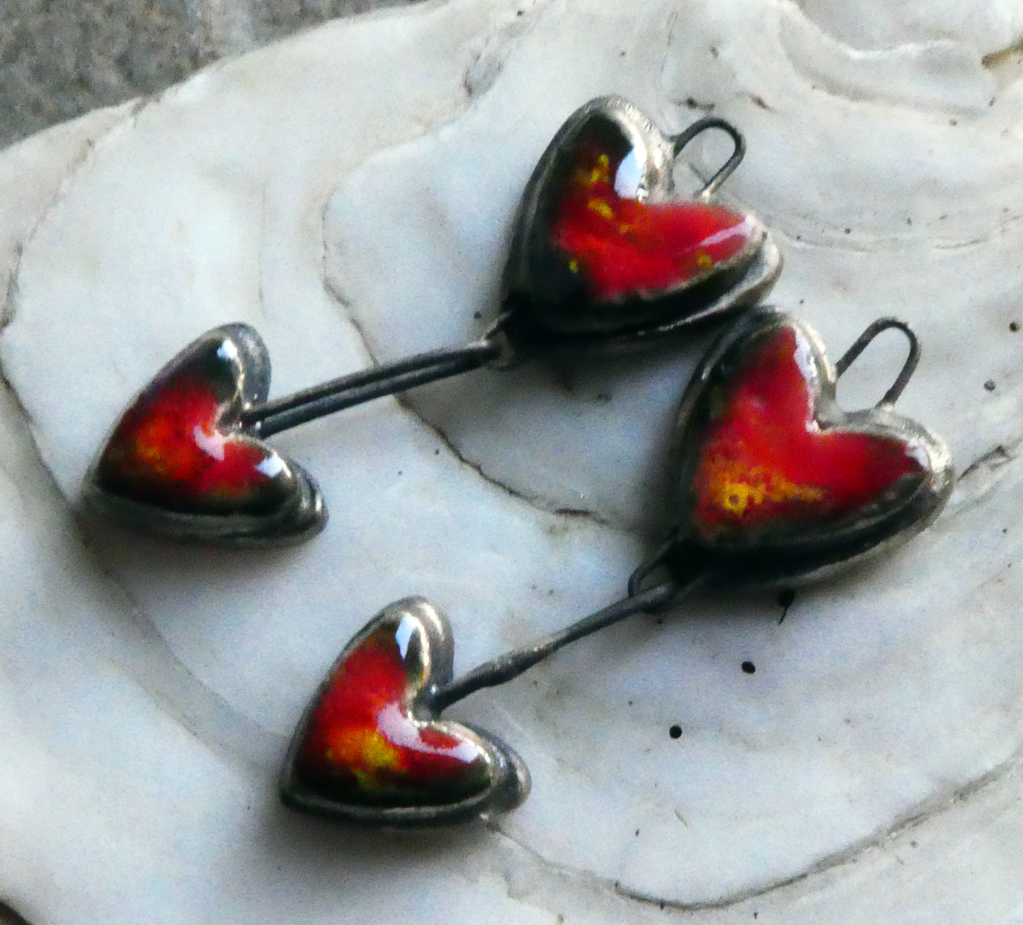 Ceramic Moulded Double Heart Dangles -Firecracker