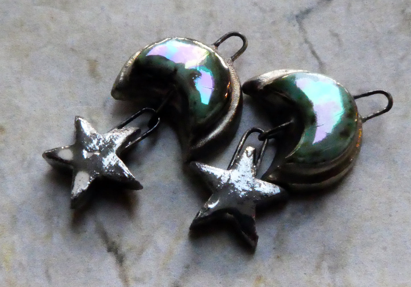 Ceramic Lustrous Moulded Moon and Star Earring Dangles- Blue Guppy