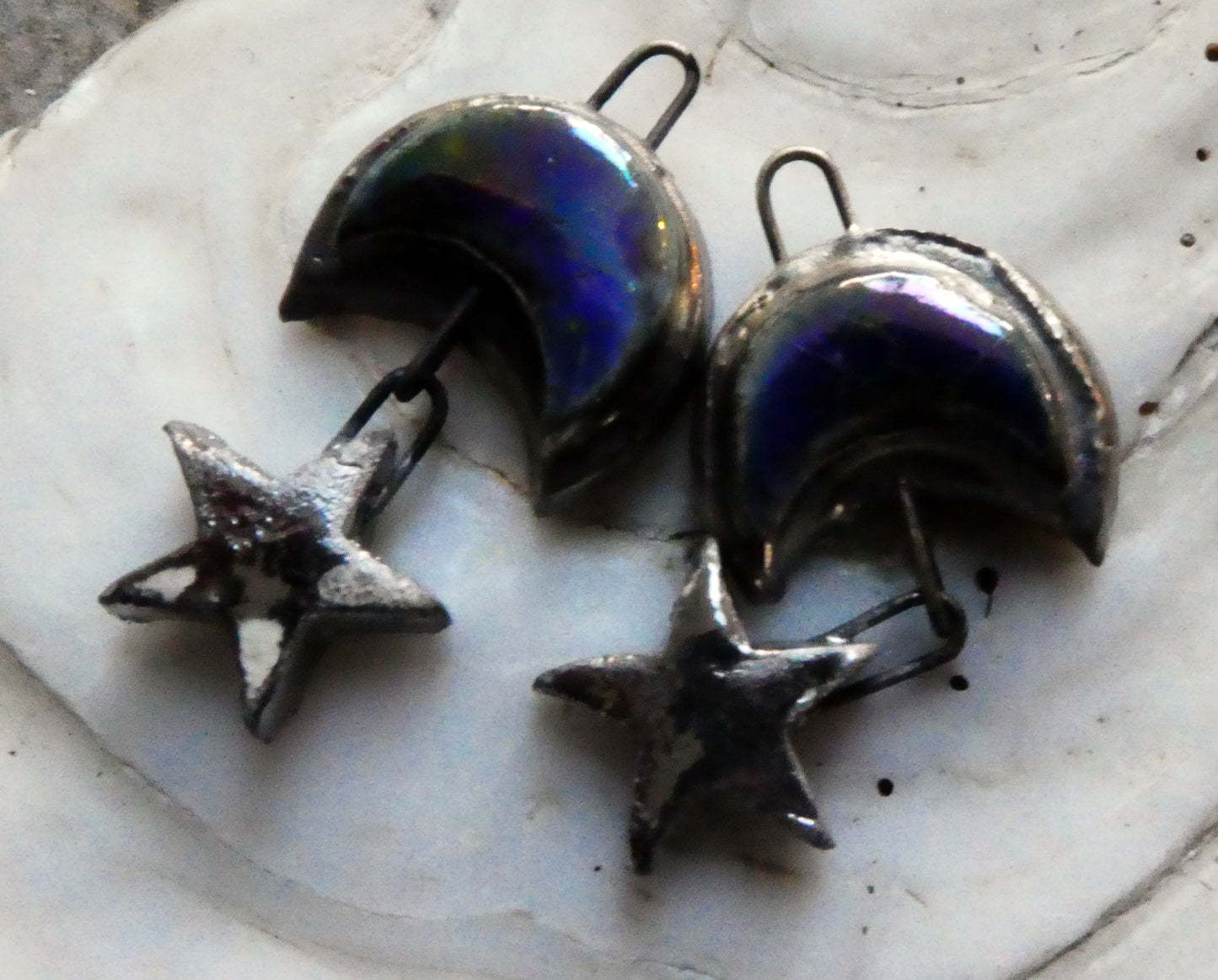 Ceramic Lustrous Moulded Moon and Star Earring Dangles- Mirror Blue