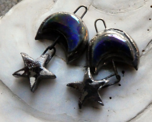 Ceramic Lustrous Moulded Moon and Star Earring Dangles- Mirror Blue