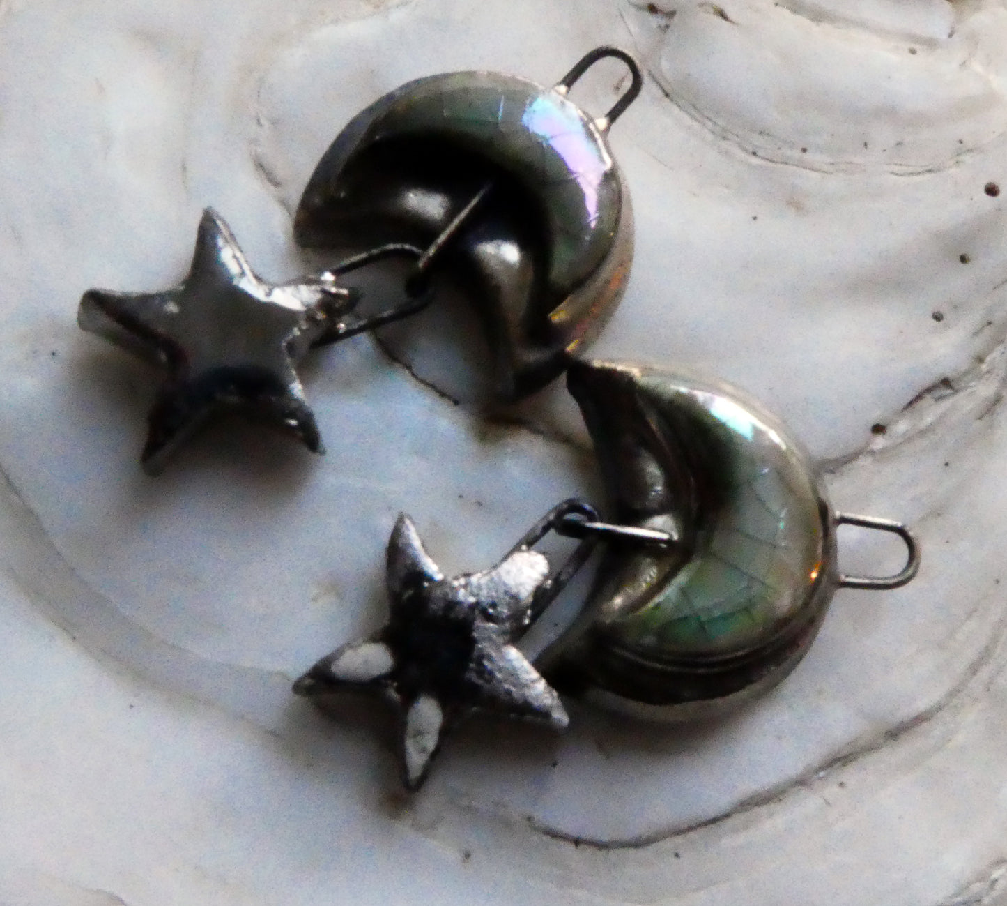 Ceramic Lustrous Moulded Moon and Star Earring Dangles- Aquamarine Crackle