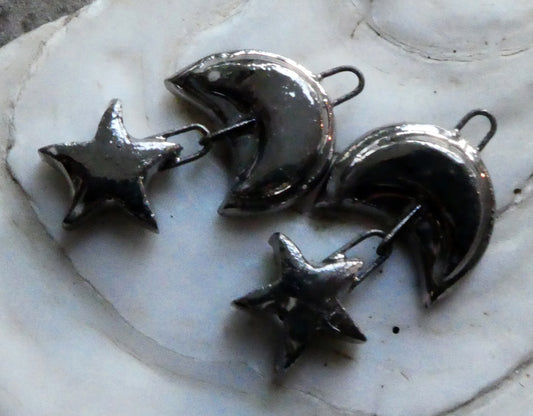 Ceramic Lustrous Moulded Moon and Star Earring Dangles- Platinum