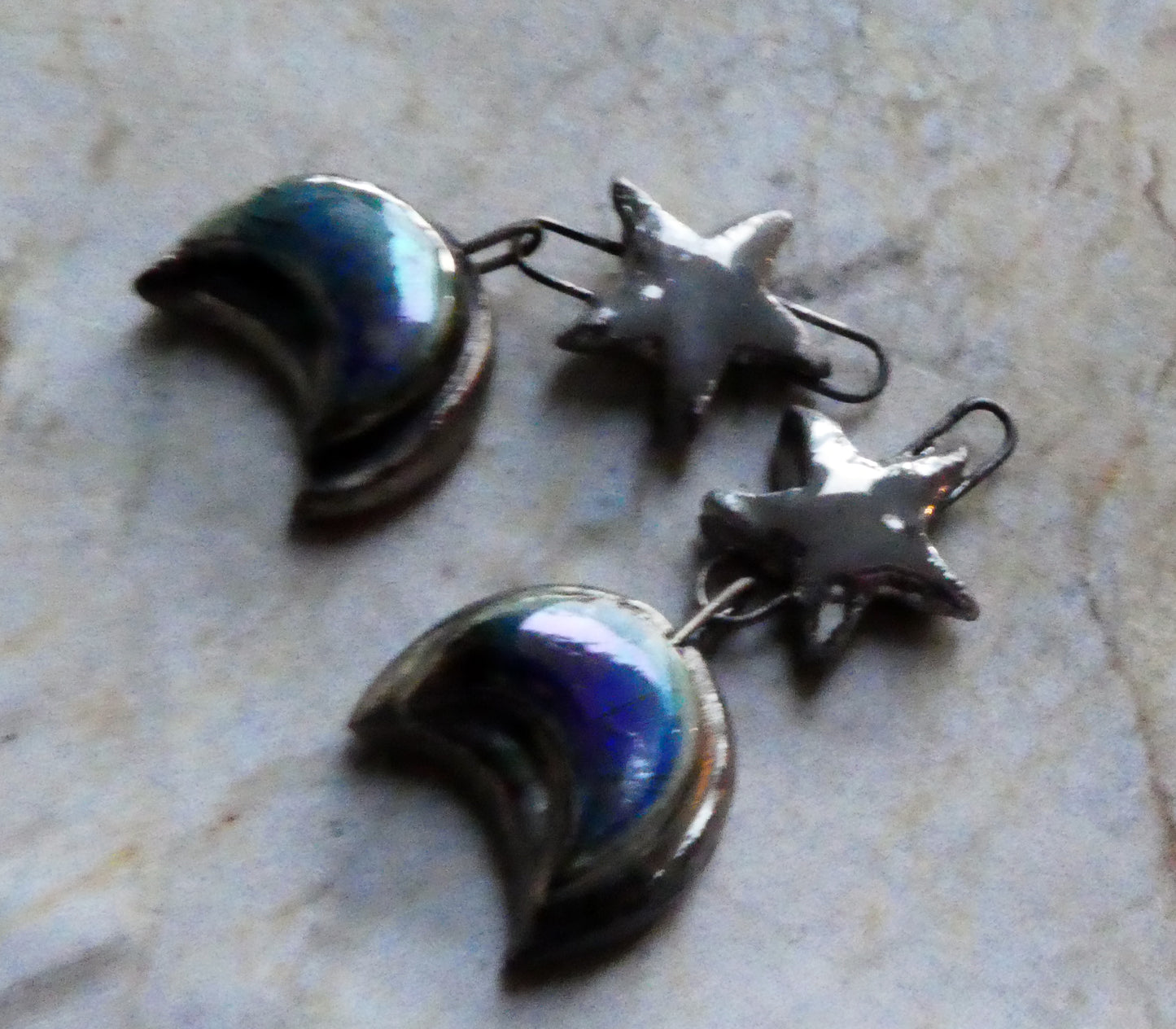 Ceramic Lustrous Star and Moulded Moon Earring Dangles-Soft Blue