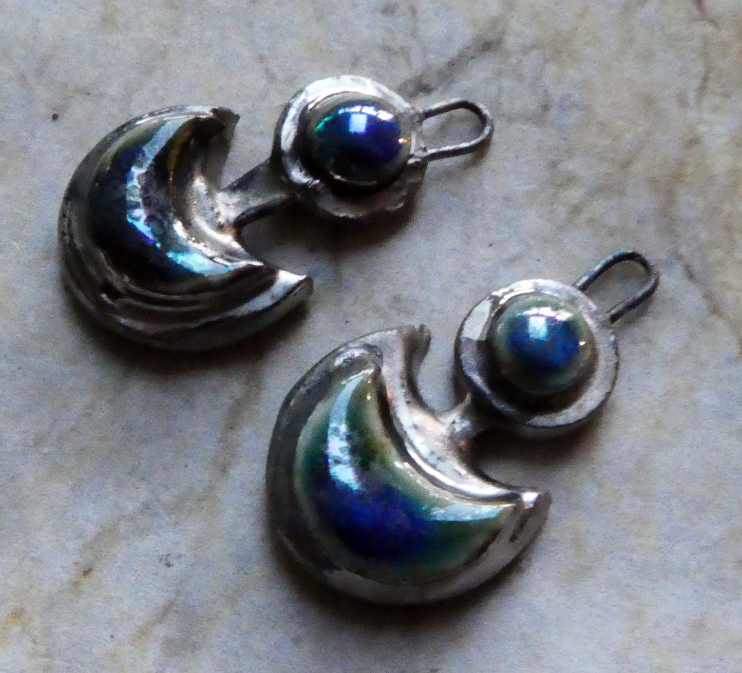 Ceramic Lustrous Moulded Disc and Moon Earring Dangles-Soft Blue and Platinum