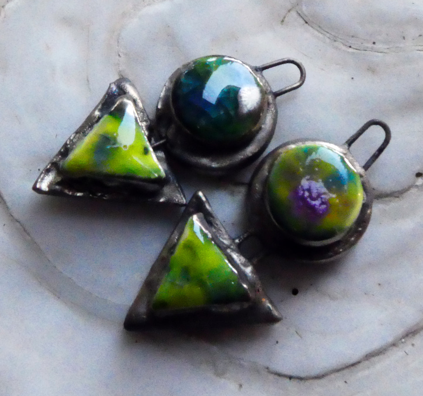 Ceramic Moulded Disc and Triangle Charms -Mardi Gras