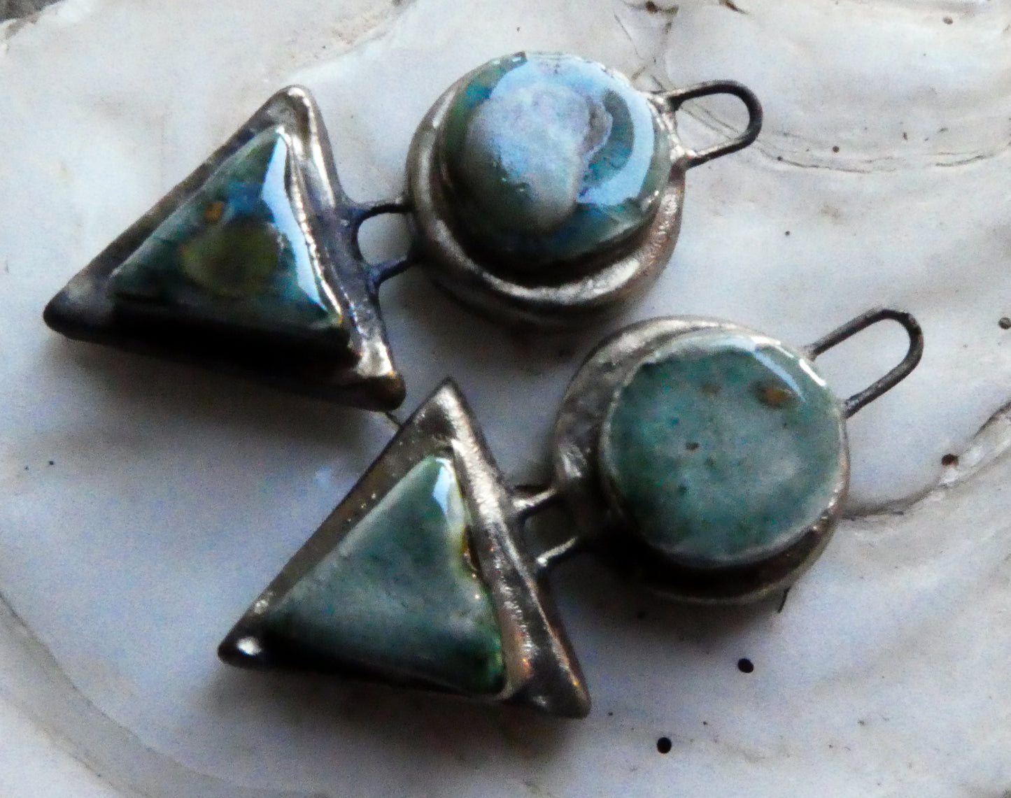 Ceramic Moulded Disc and Triangle Charms -Mystic Jade