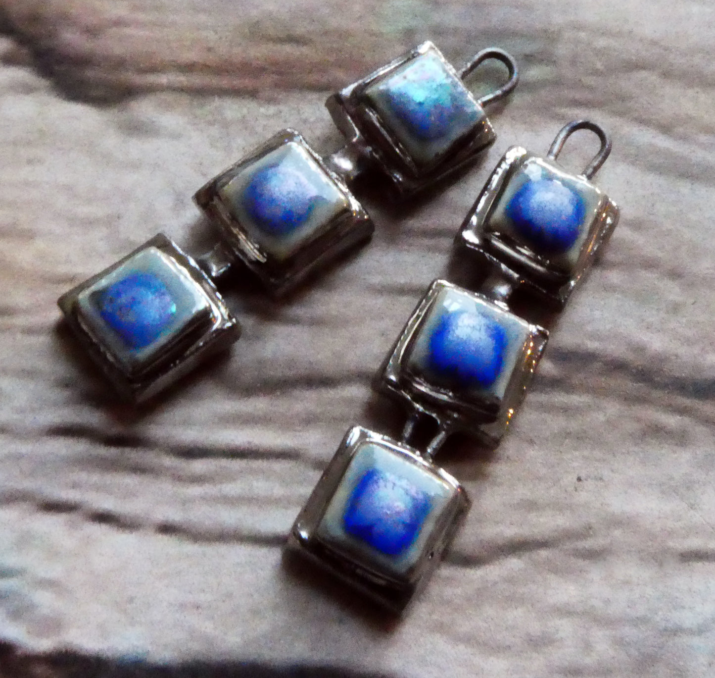 Ceramic Moulded Square Stack Charms -Soft Blue and Platinum