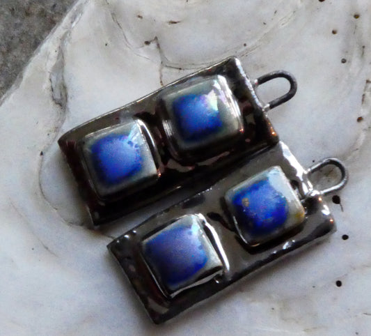Ceramic Moulded Square Tablet Charms -Soft Blue and Platinum