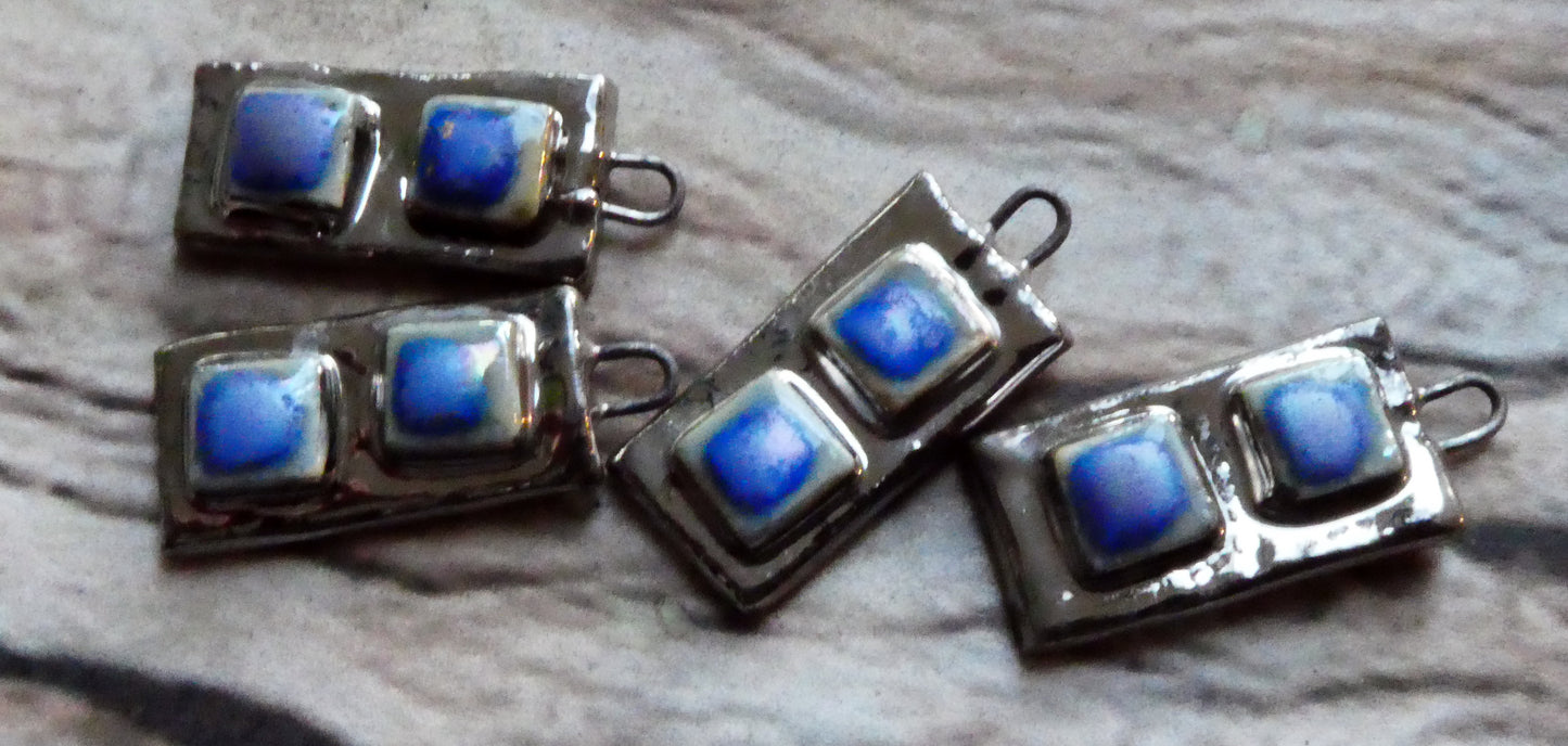 Ceramic Moulded Square Tablet Charms -Soft Blue and Platinum