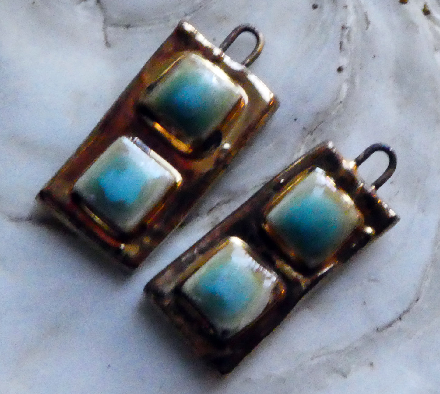 Ceramic Moulded Square Tablet Charms -Blue Ice and Gold