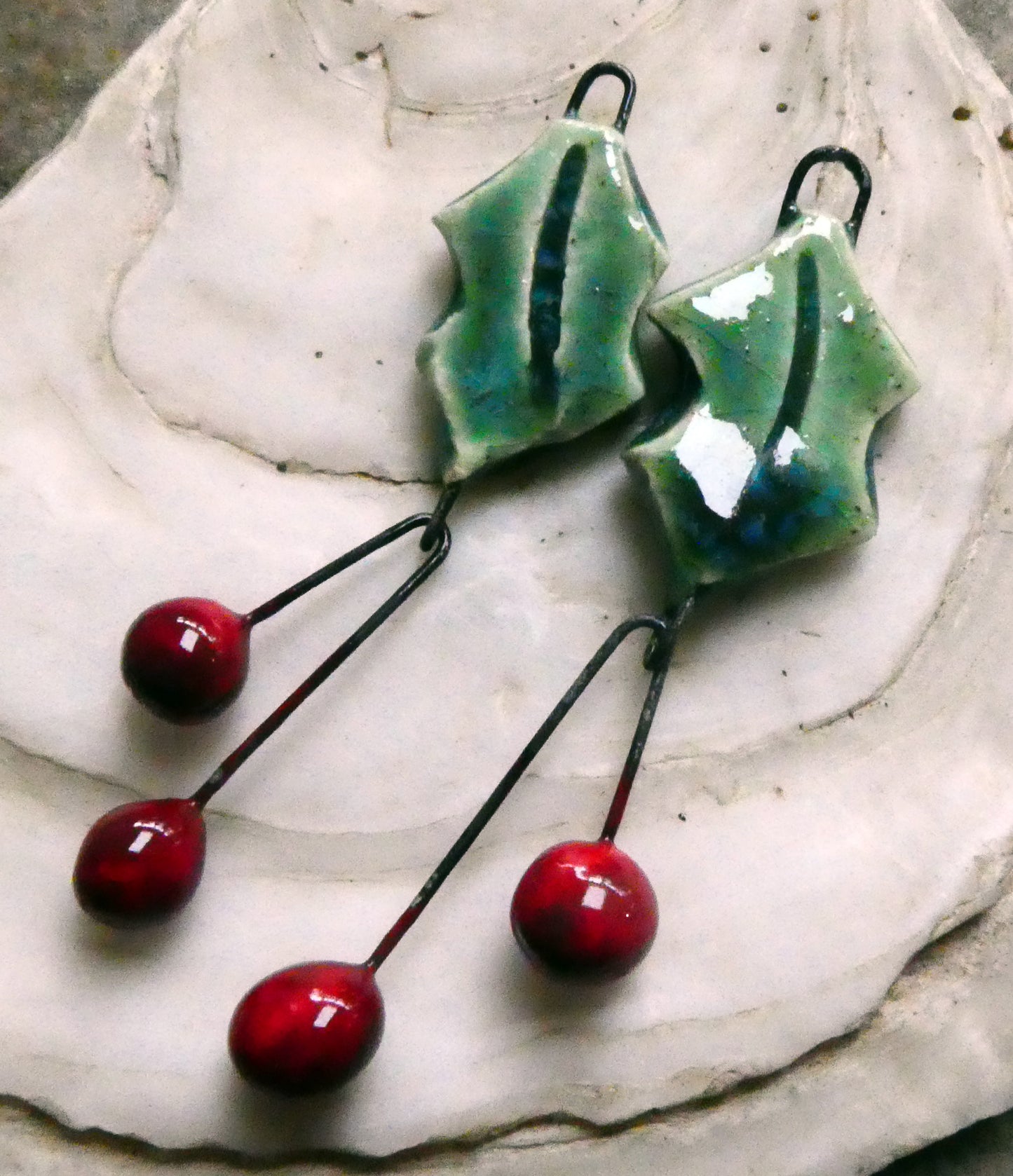 Ceramic Holly Leaf and Berry Earring Dangles #2