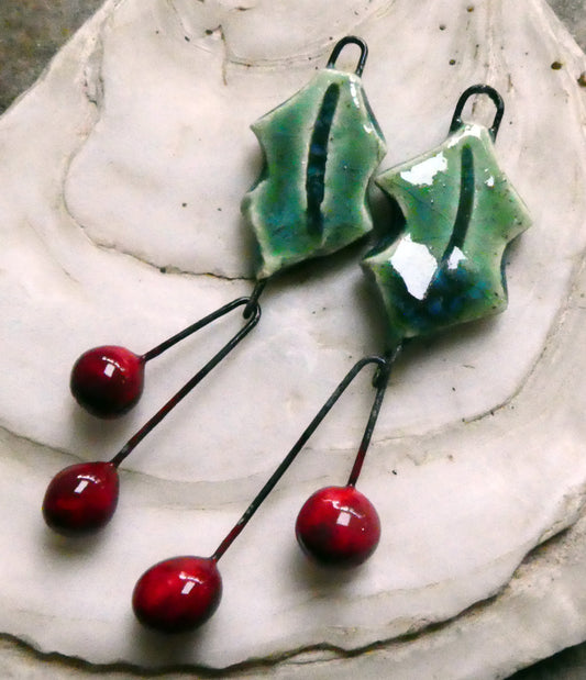 Ceramic Holly Leaf and Berry Earring Dangles #2