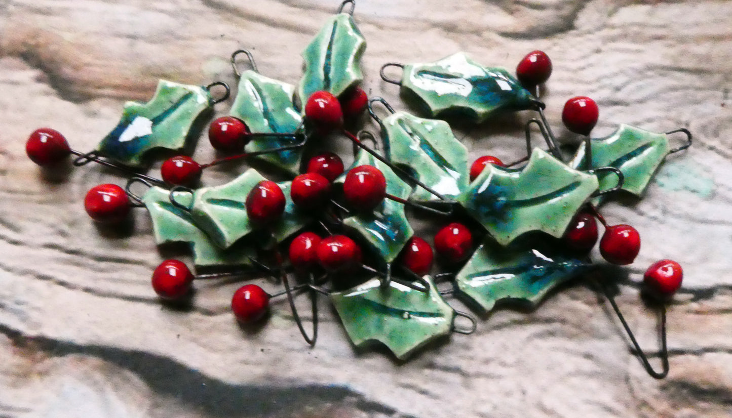 Ceramic Holly Leaf and Berry Earring Dangles #2