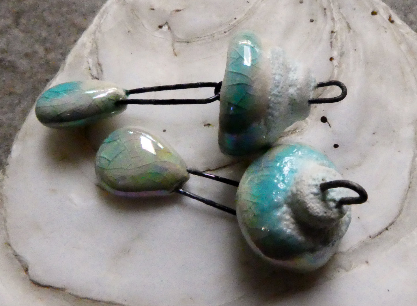Ceramic Lustrous Snowy Cap and Dangle Dangles -Aquamarine Crackle