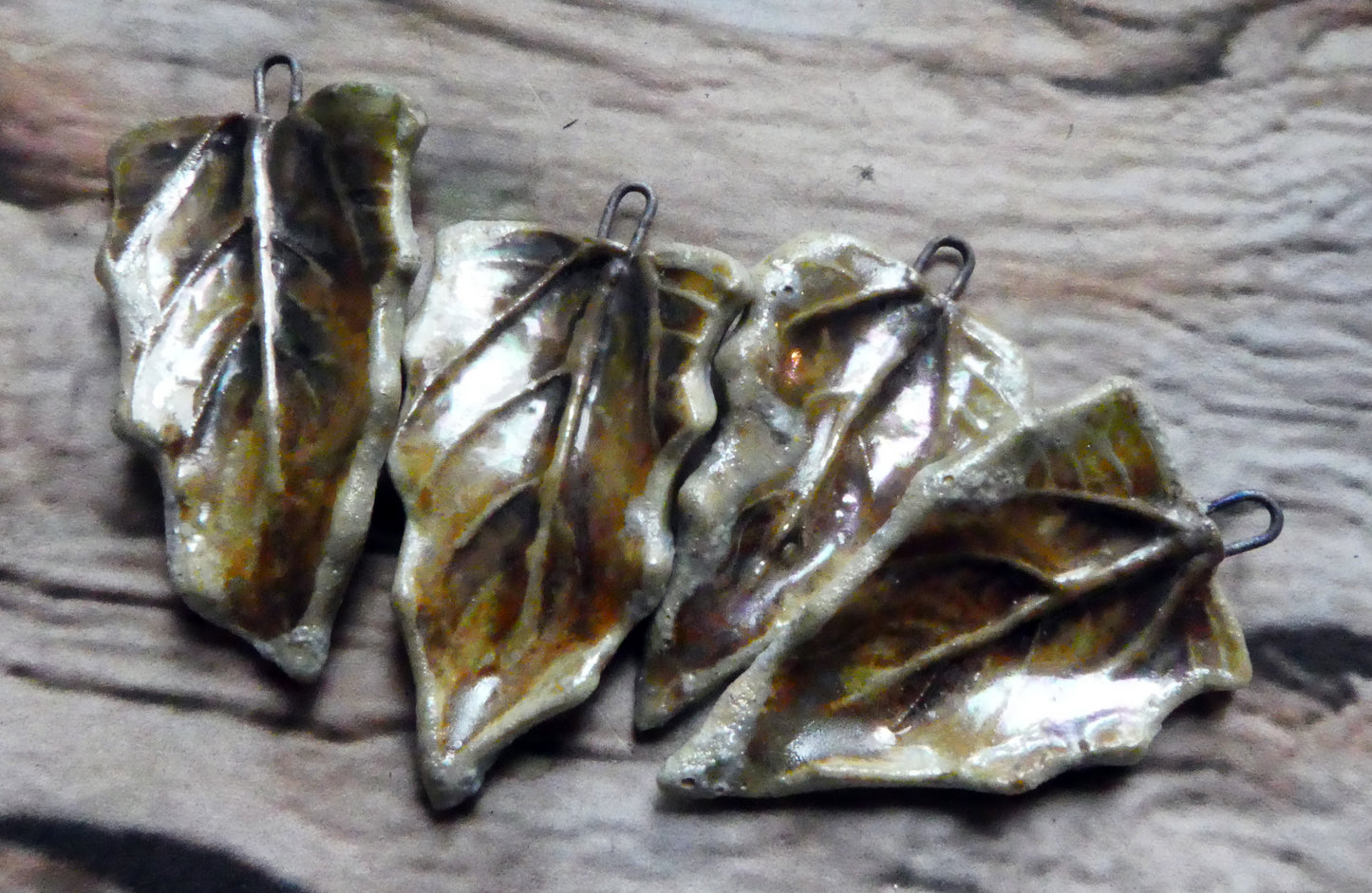 Ceramic Lustrous High Fired Snowy Leaf Charms - Golden Brown
