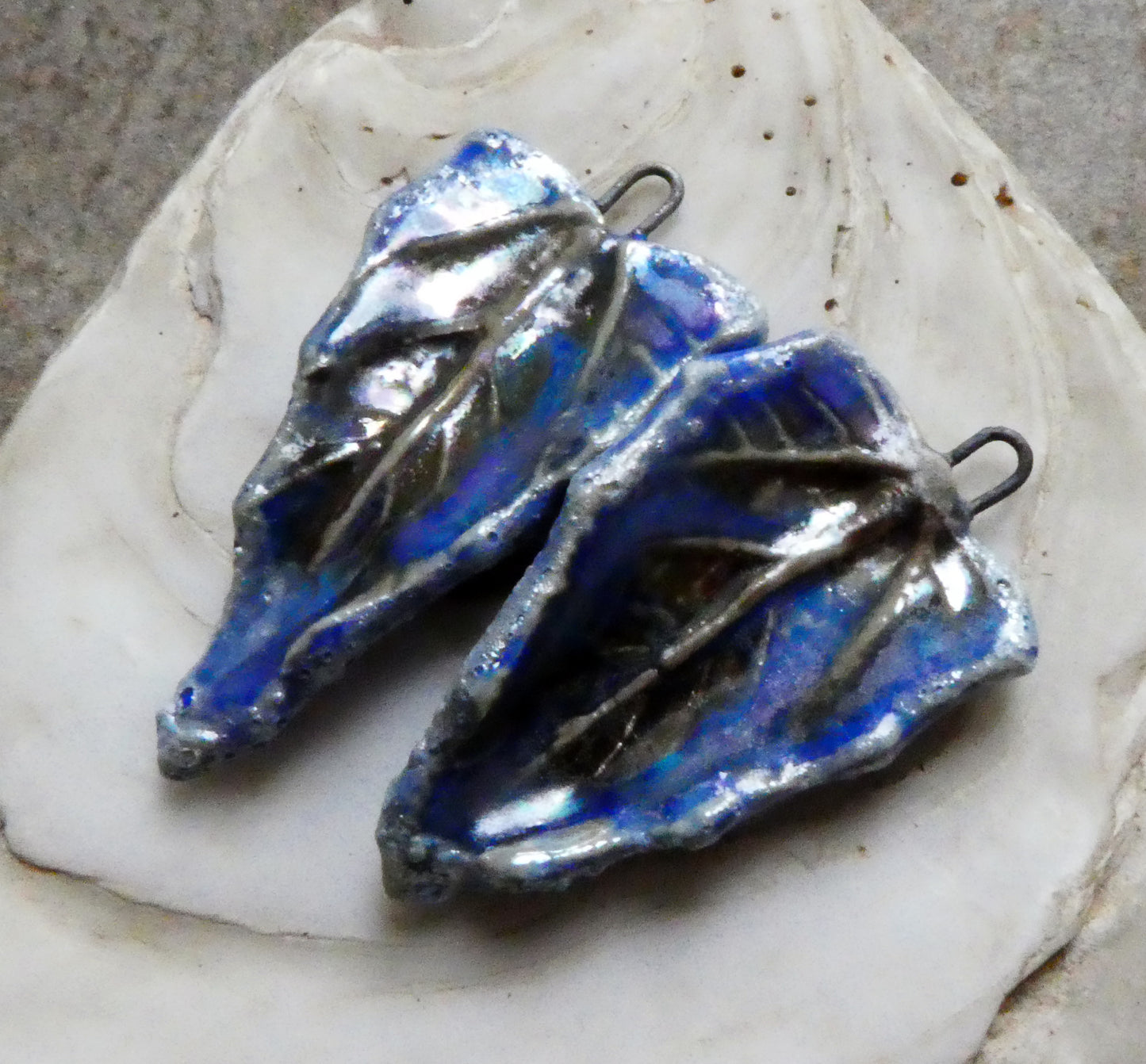 Ceramic Lustrous High Fired Snowy Leaf Charms - Soft Blue
