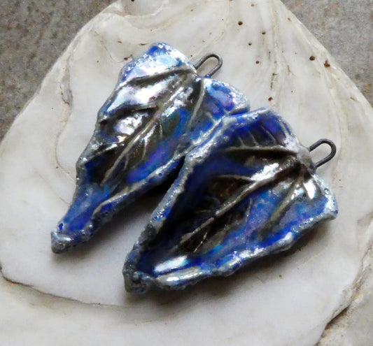 Ceramic Lustrous High Fired Snowy Leaf Charms - Soft Blue
