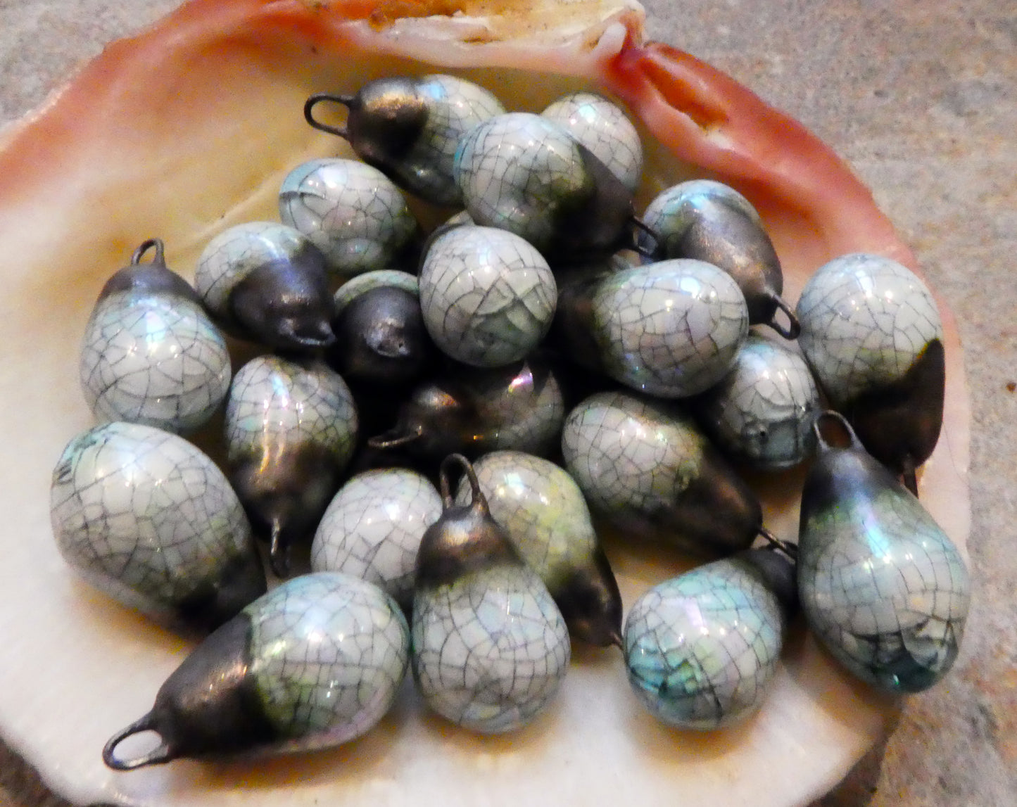 Porcelain Drops Earring Charms -Black Crackle and Mother of Pearl Lustre