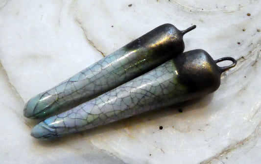 Porcelain Lustrous Spikes Earring Charms -Black Crackle and Mother of Pearl Lustre