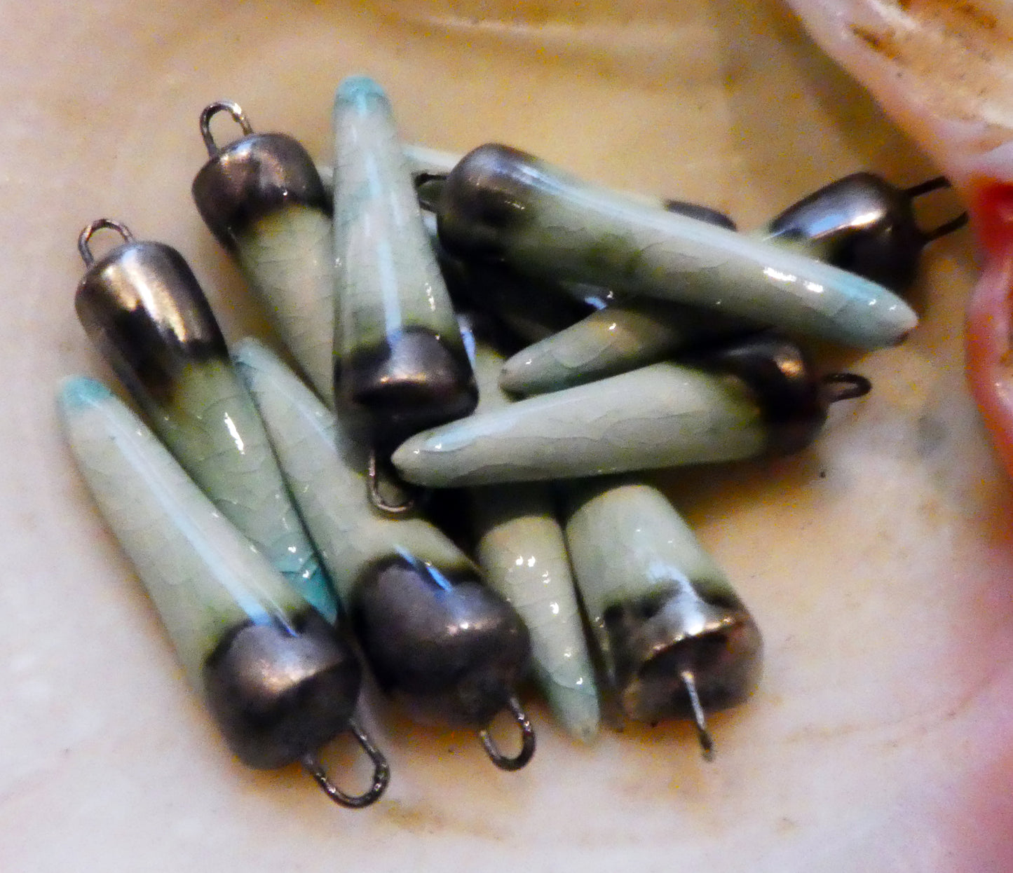 Ceramic Spikes Earring Charms -  Aquamarine Crackle