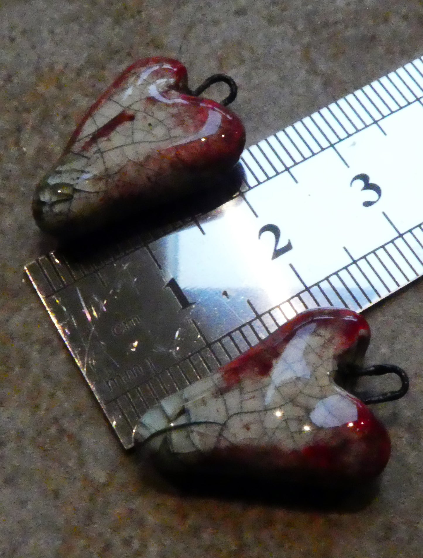 Ceramic Long Heart Earring Charms -Mottly Red and Crackle