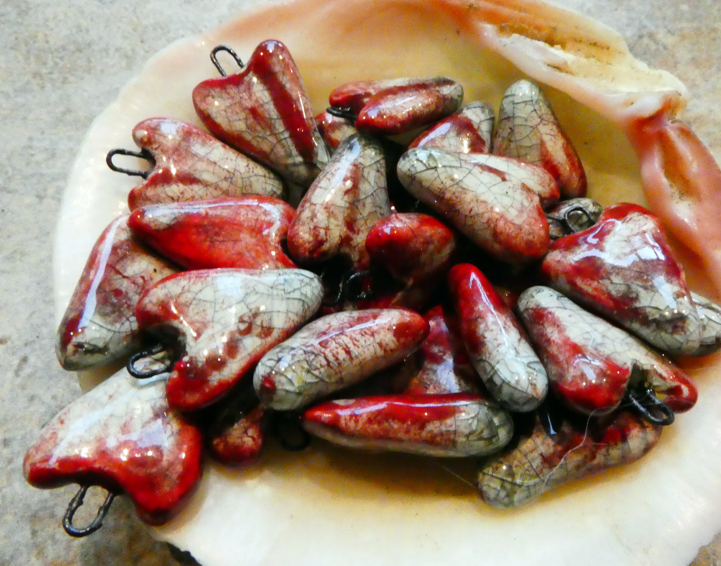 Ceramic Long Heart Earring Charms -Mottly Red and Crackle
