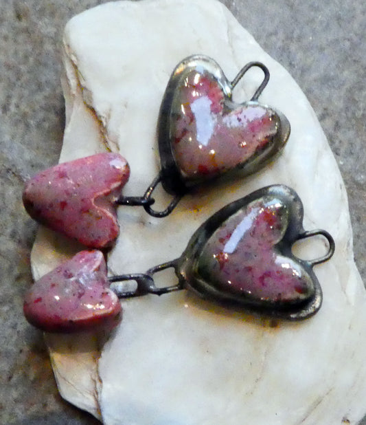Ceramic Moulded Double Heart Dangles - Rose Quartz