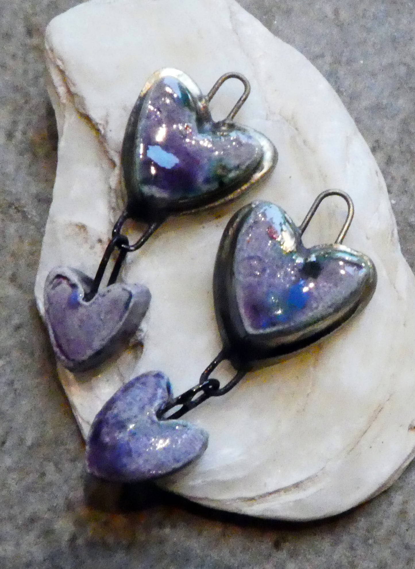Ceramic Moulded Double Heart Dangles - Purple Reign