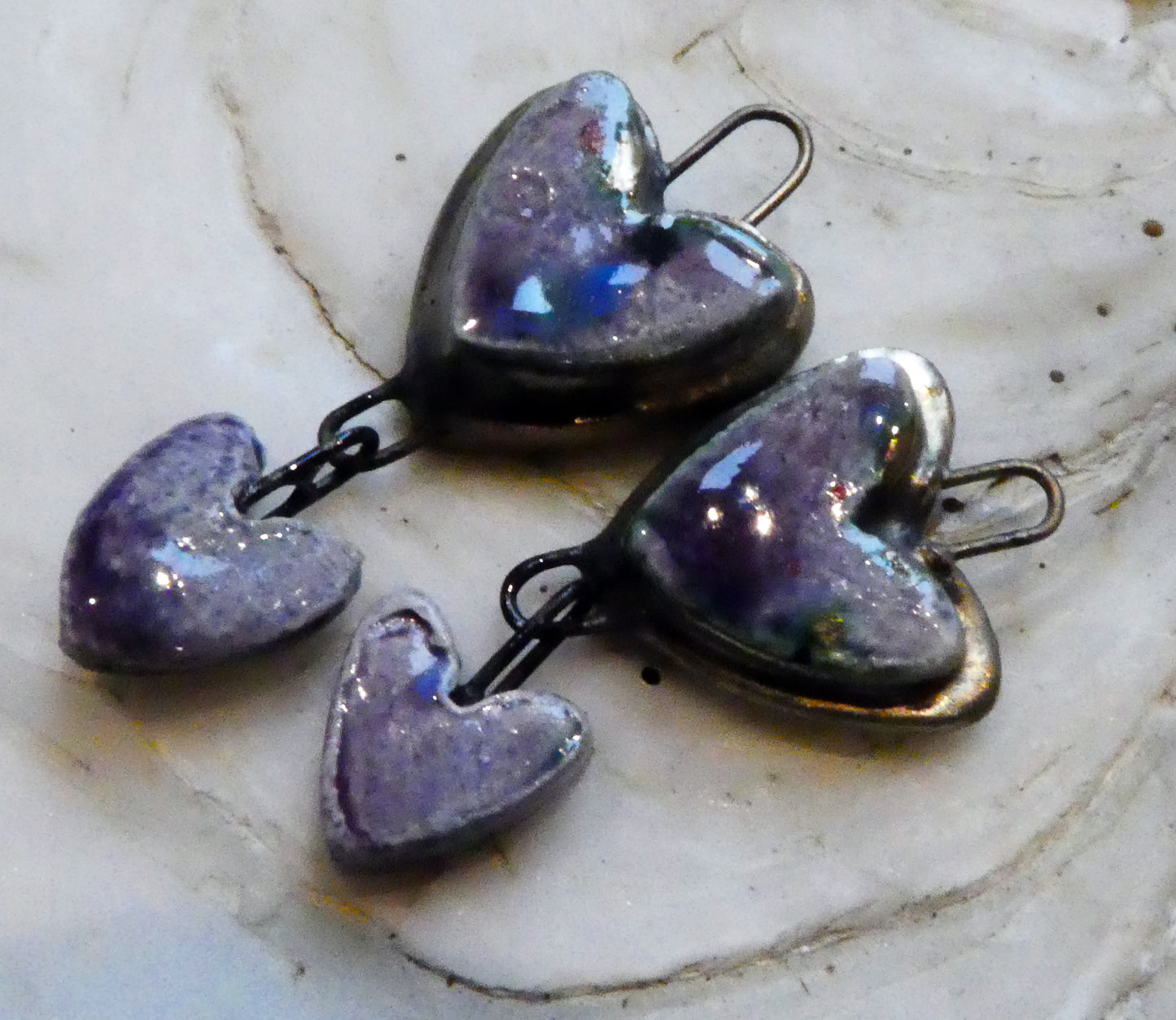 Ceramic Moulded Double Heart Dangles - Purple Reign