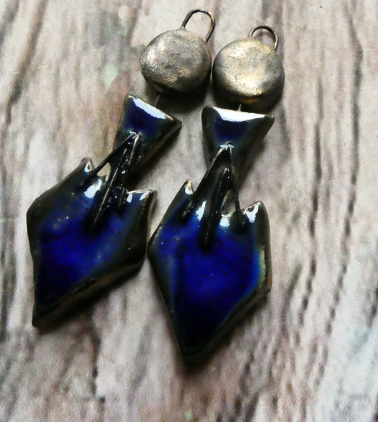 Ceramic Art Deco Inspired Stapled Dangles -Mirror Blue
