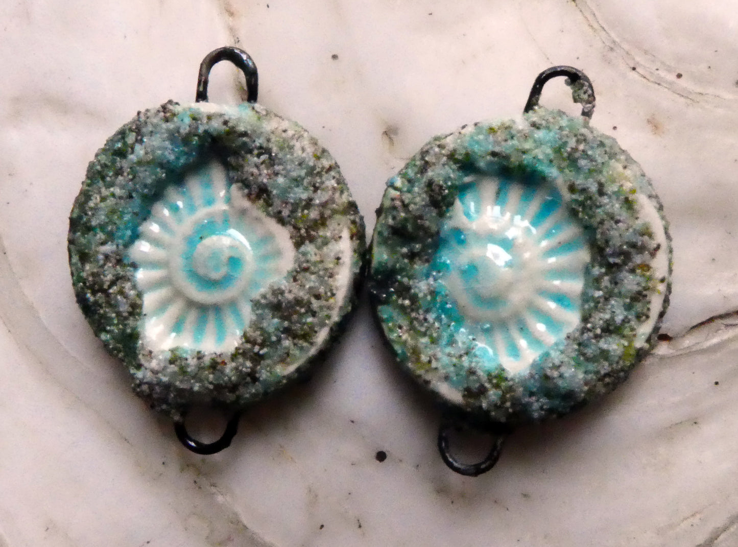 Ceramic Sandy Ammonite Connectors- Aquamarine Crackle