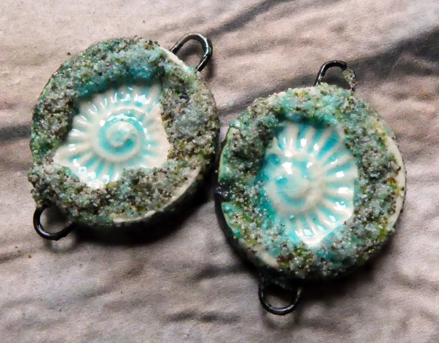 Ceramic Sandy Ammonite Connectors- Aquamarine Crackle
