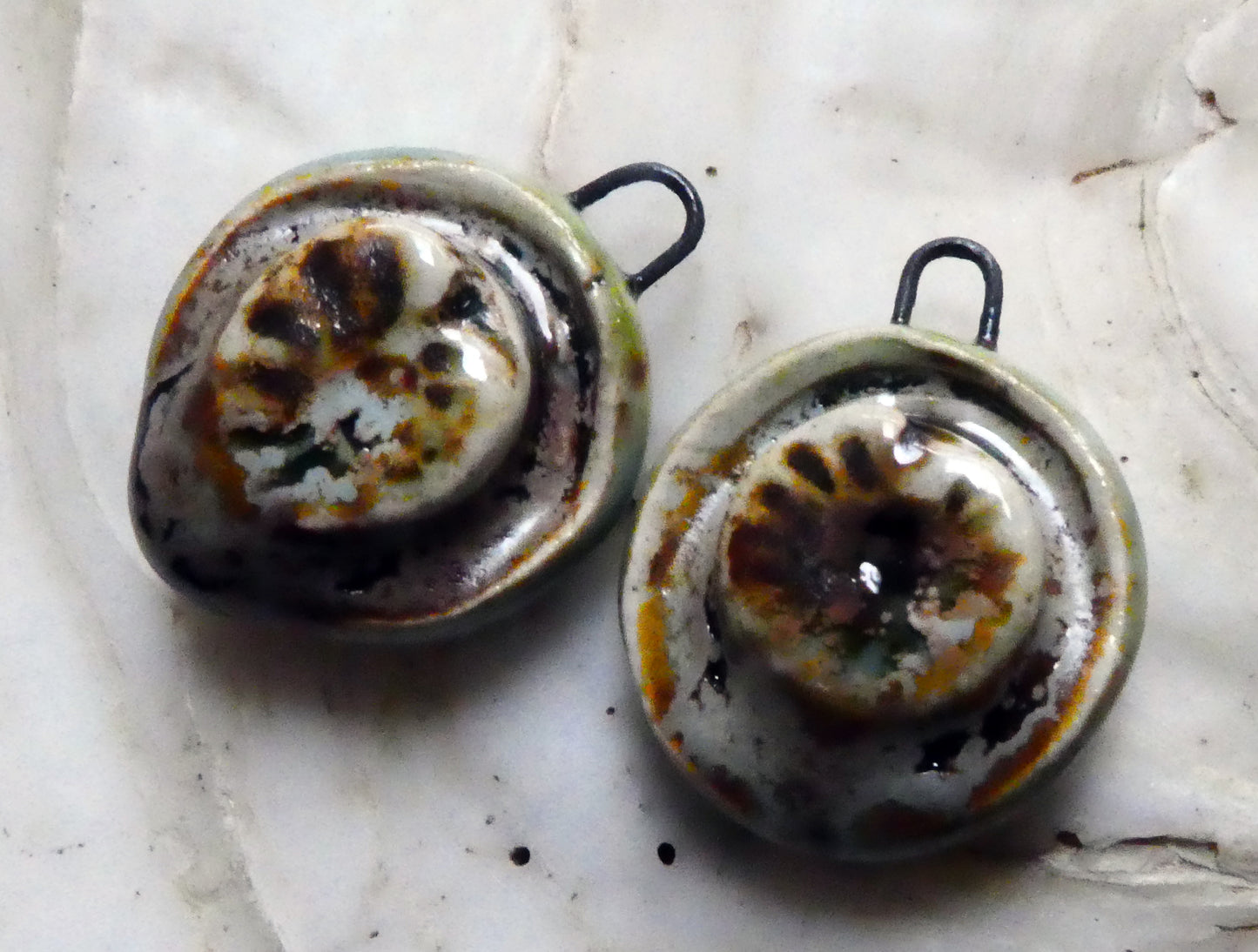 Ceramic Moulded Ammonite Charms- Spotted Malachite