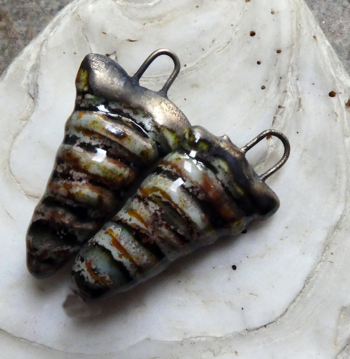 Ceramic Hollow Spiral Shell Charms - Spotted Malachite