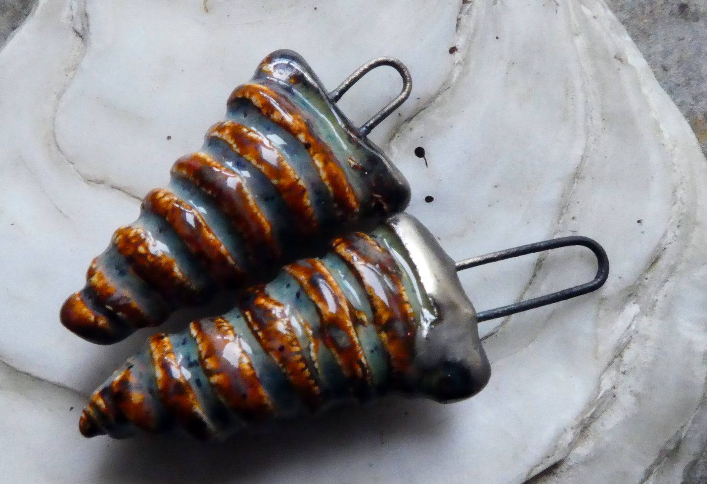 Ceramic Hollow Spiral Shell Charms - Amber Ash - Asymmetric