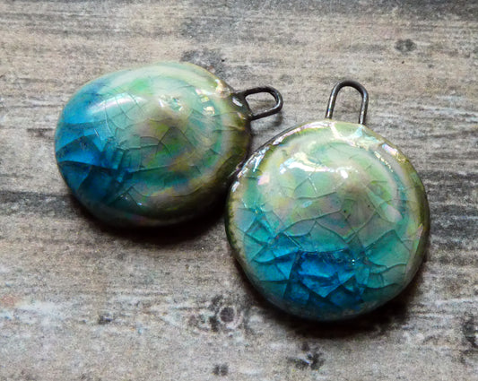 Ceramic Lustrous Button Shell Charms -Turquoise Crackle