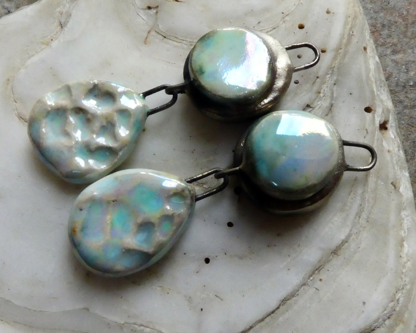 Ceramic Lustrous Moulded Disc and Seastone Dangles - Larimar