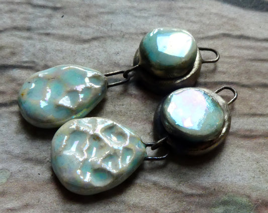 Ceramic Lustrous Moulded Disc and Seastone Dangles - Larimar