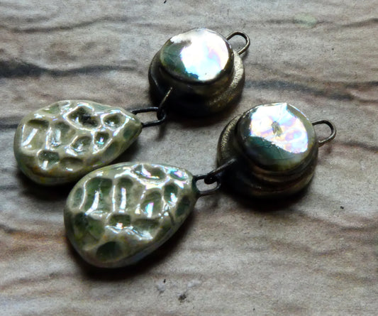Ceramic Lustrous Moulded Disc and Seastone Dangles - Green Tea