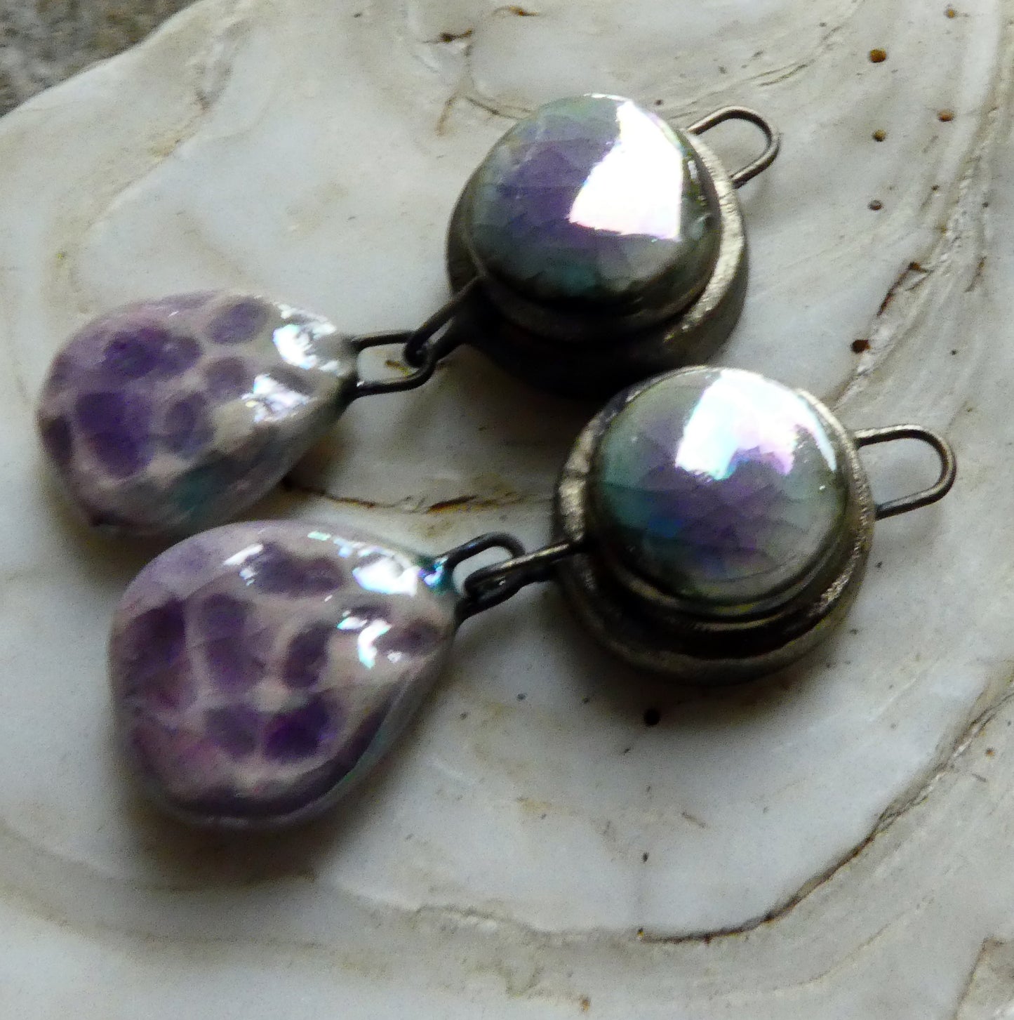 Ceramic Lustrous Moulded Disc and Seastone Dangles - Amethyst