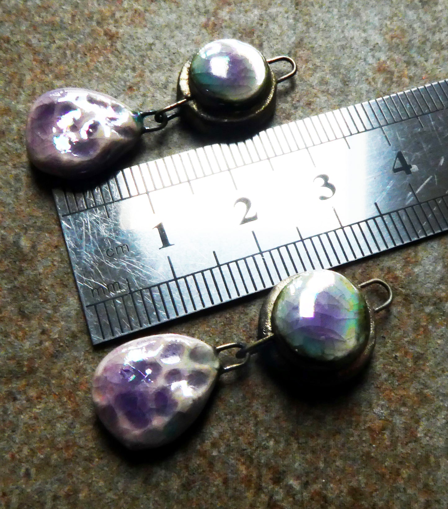 Ceramic Lustrous Moulded Disc and Seastone Dangles - Amethyst