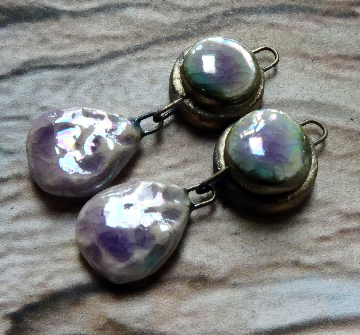 Ceramic Lustrous Moulded Disc and Seastone Dangles - Amethyst