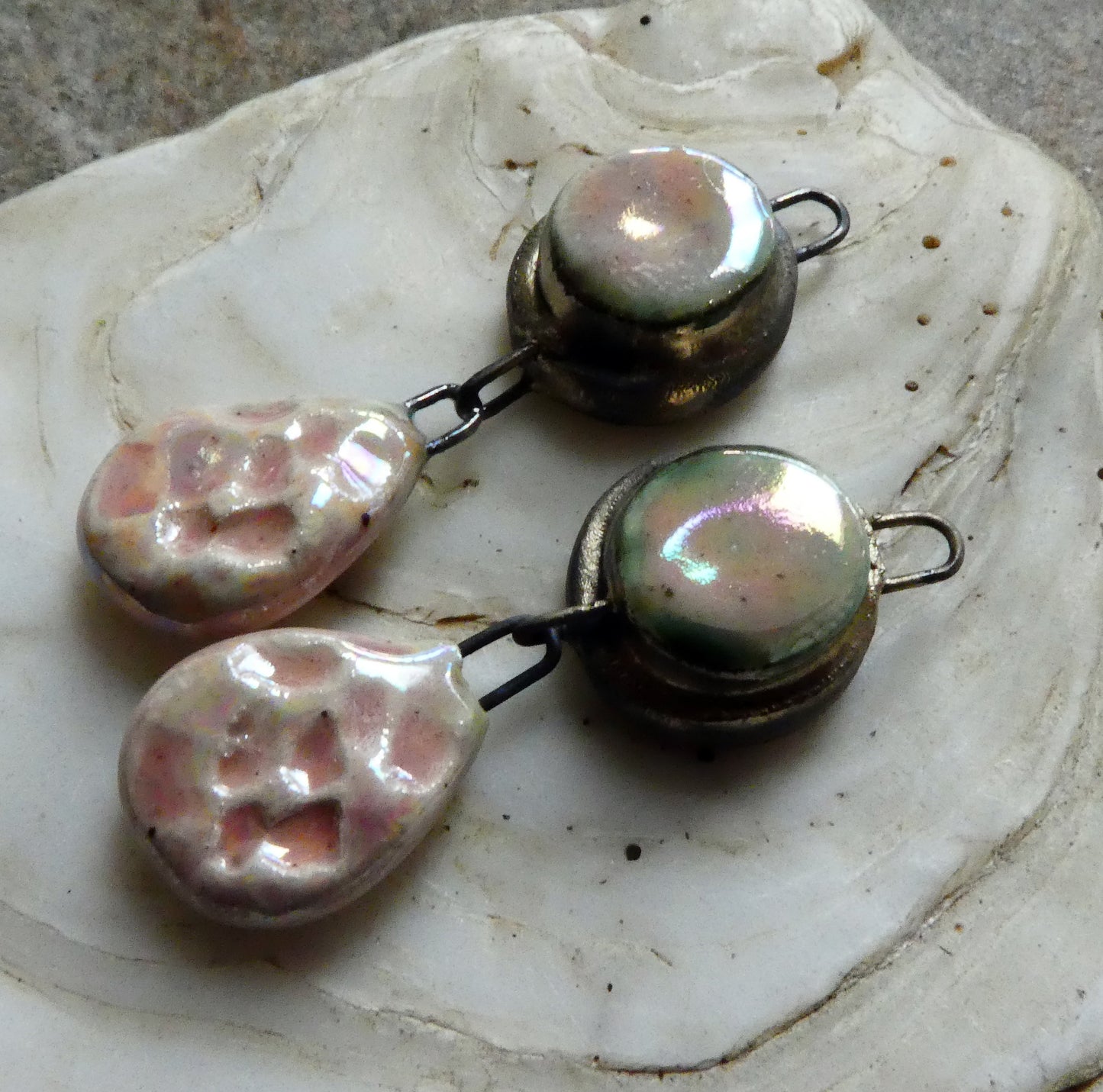Ceramic Lustrous Moulded Disc and Seastone Dangles - Morganite