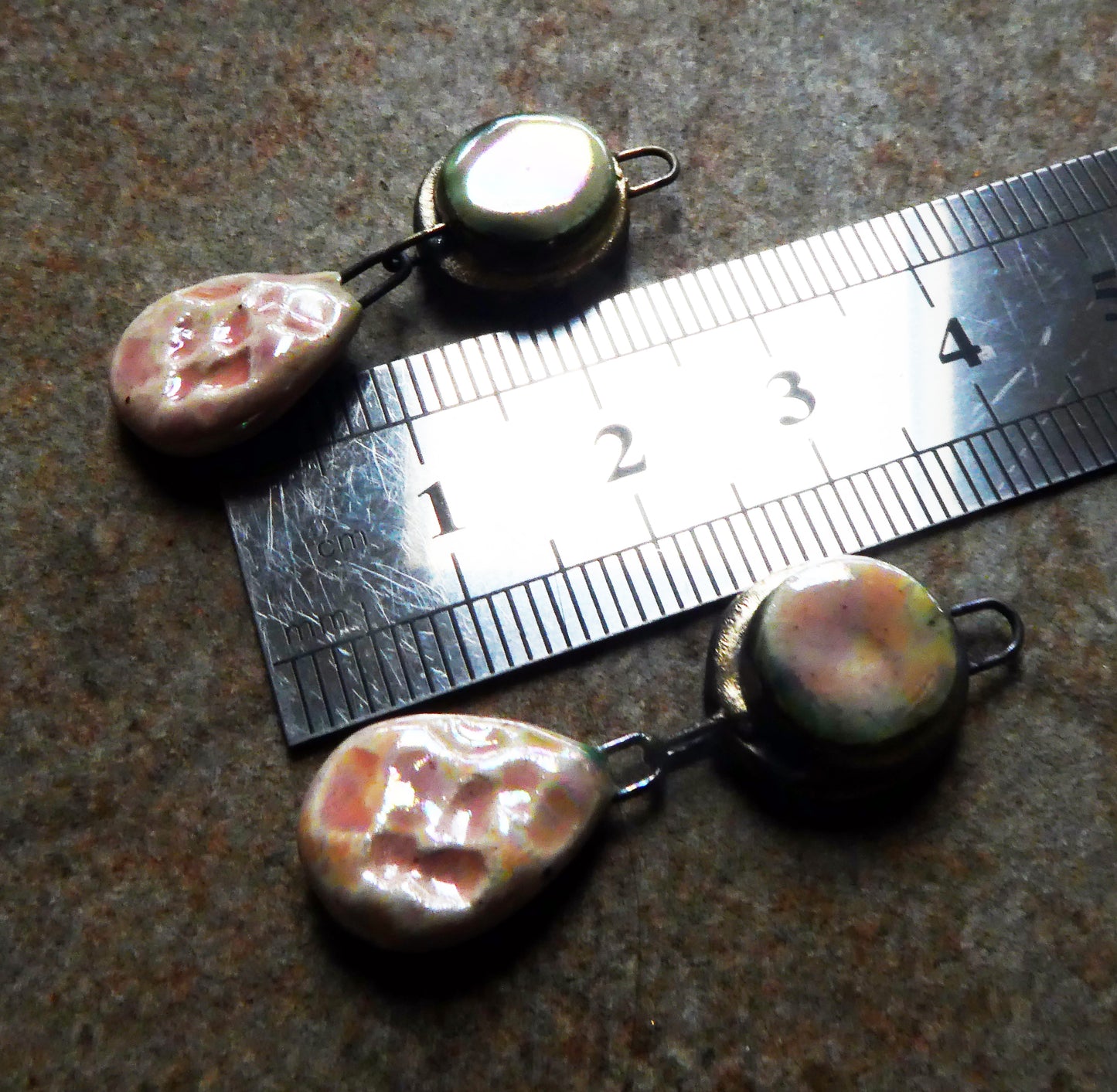 Ceramic Lustrous Moulded Disc and Seastone Dangles - Morganite
