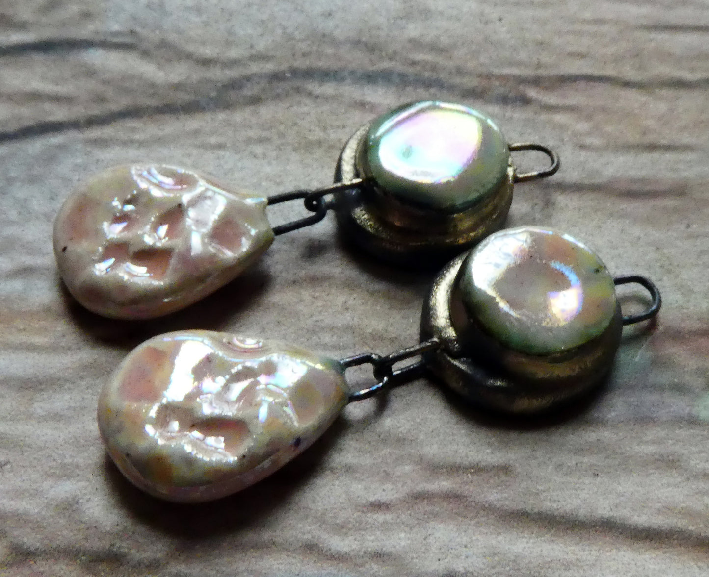 Ceramic Lustrous Moulded Disc and Seastone Dangles - Morganite