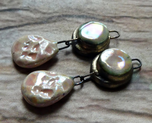Ceramic Lustrous Moulded Disc and Seastone Dangles - Morganite